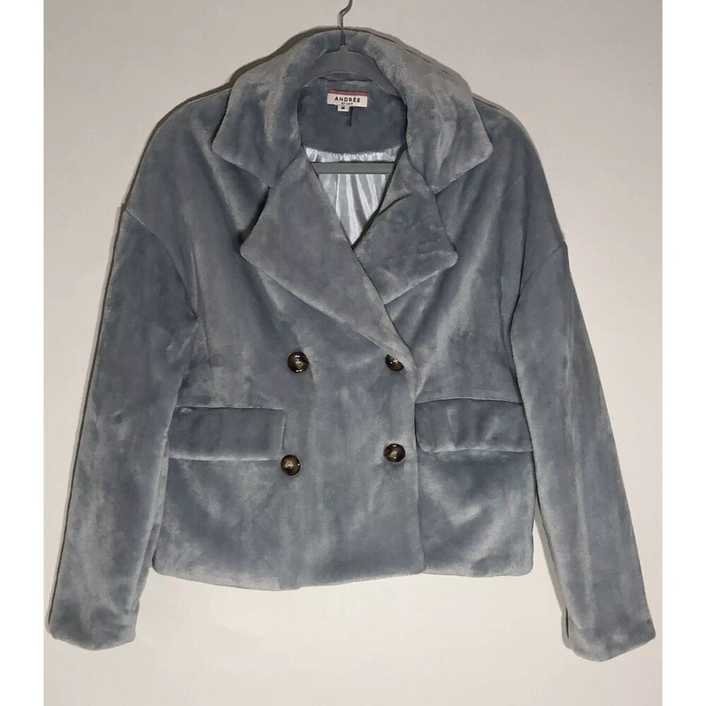 Andree By Unit Powder Blue Velour Cropped Double Breasted Jacket M EUC